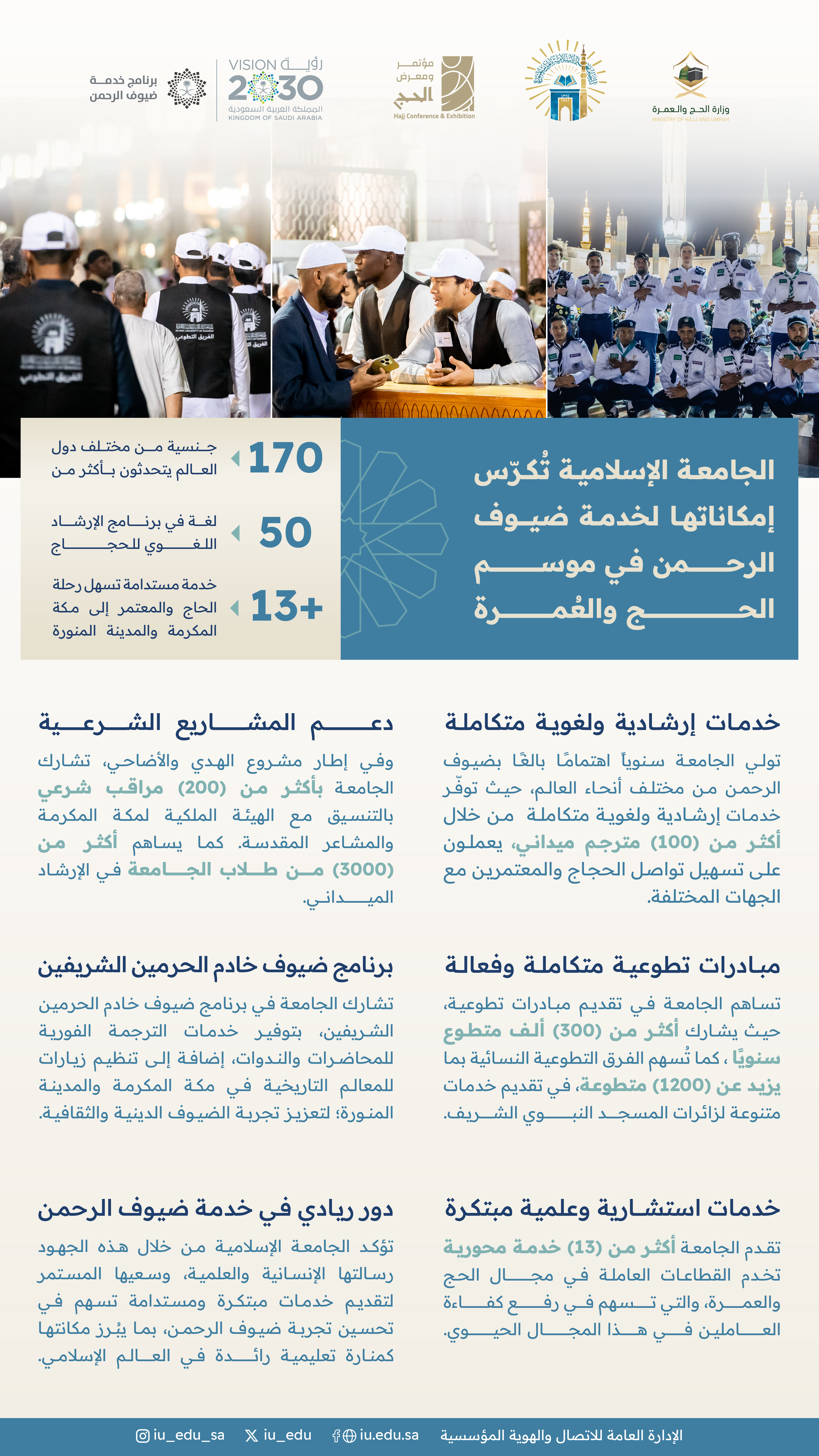 الجامعة الإسلامية تُكرّس إمكاناتها لخدمة ضيوف الرحمن في موسم الحج والعُمرة.